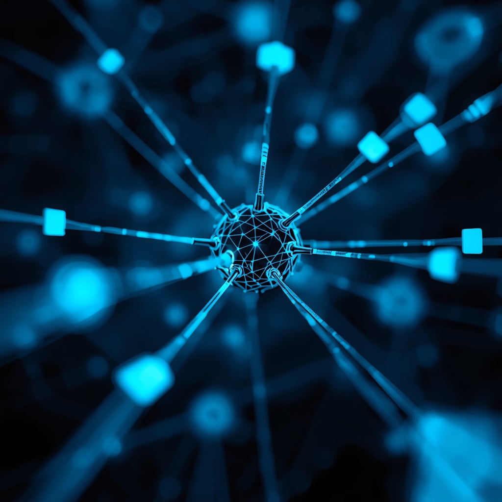A sophisticated close-up of interconnected digital nodes and glowing fiber optics representing enterprise digital transformation and seamless corporate integration, dark background with blue and cyan accents, no woman